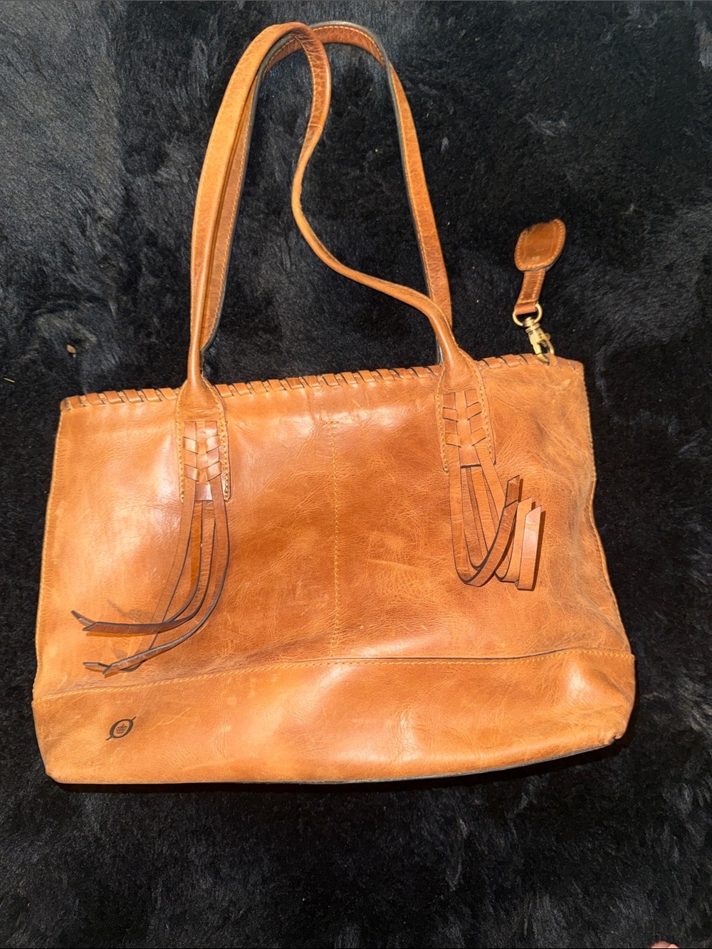 Børn Full Grain Distressed Leather Tote Shoulder Bag Tan Cognac Boho Brass